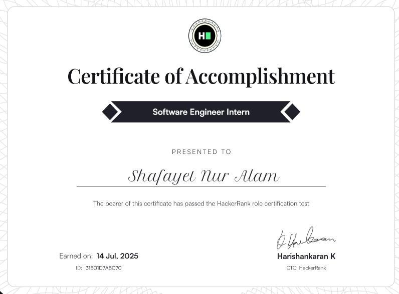 Software Engineer Intern Certificate